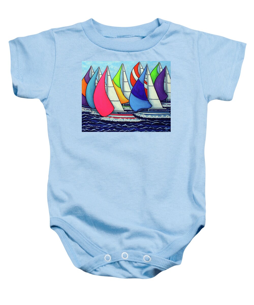 Sailing Baby Onesie featuring the painting Rainbow Racing Regatta by Lisa Lorenz