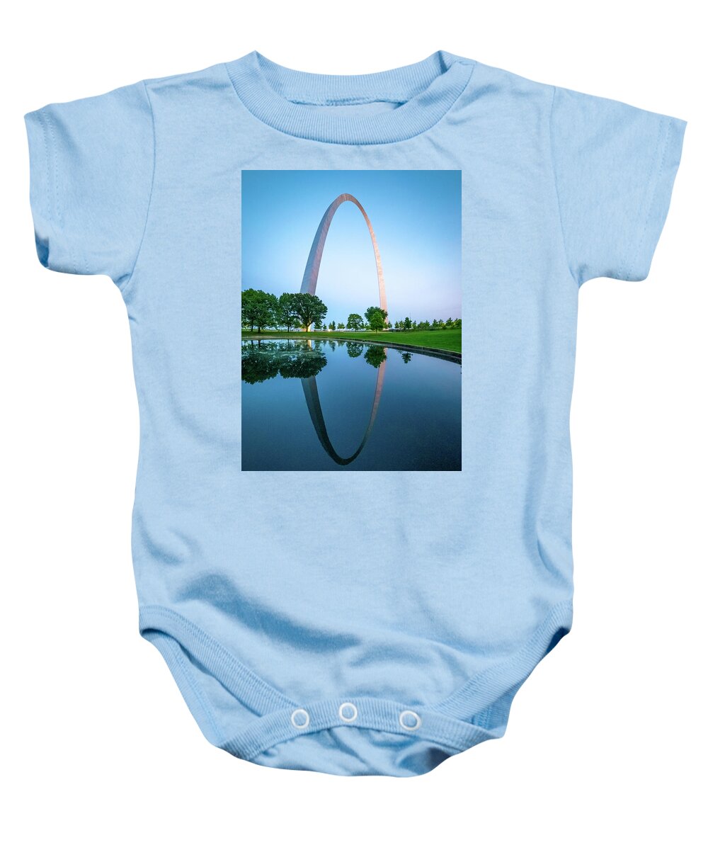 Gateway Arch National Park Baby Onesie featuring the photograph Reflection of the Arch by Joe Kopp