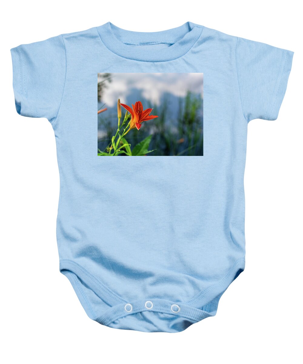 Tiger Lily Baby Onesie featuring the photograph Reflections on a Tiger Lily by Douglas Wielfaert
