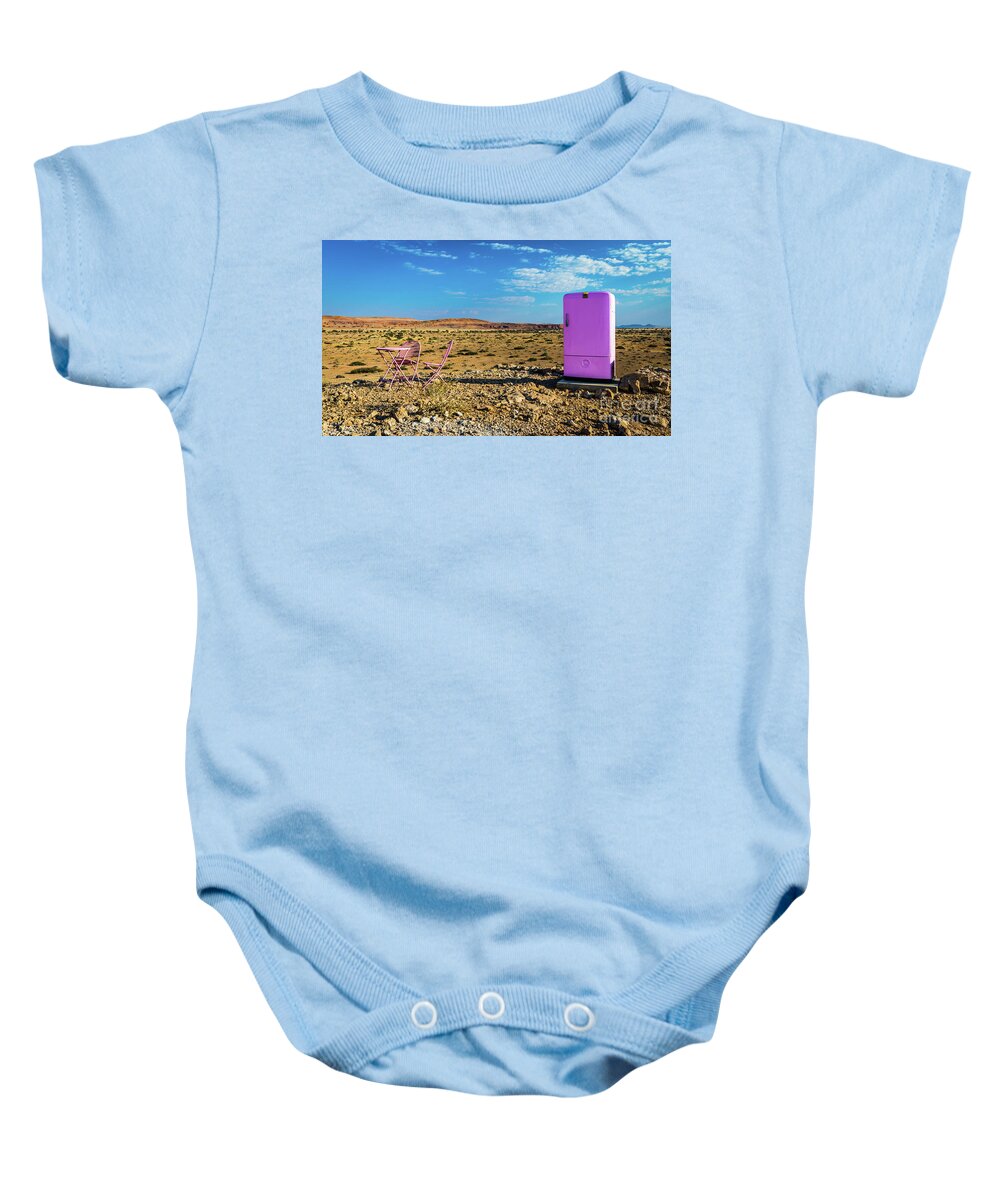 Desert Baby Onesie featuring the photograph Refreshments pit stop in the middle of nowhere by Lyl Dil Creations