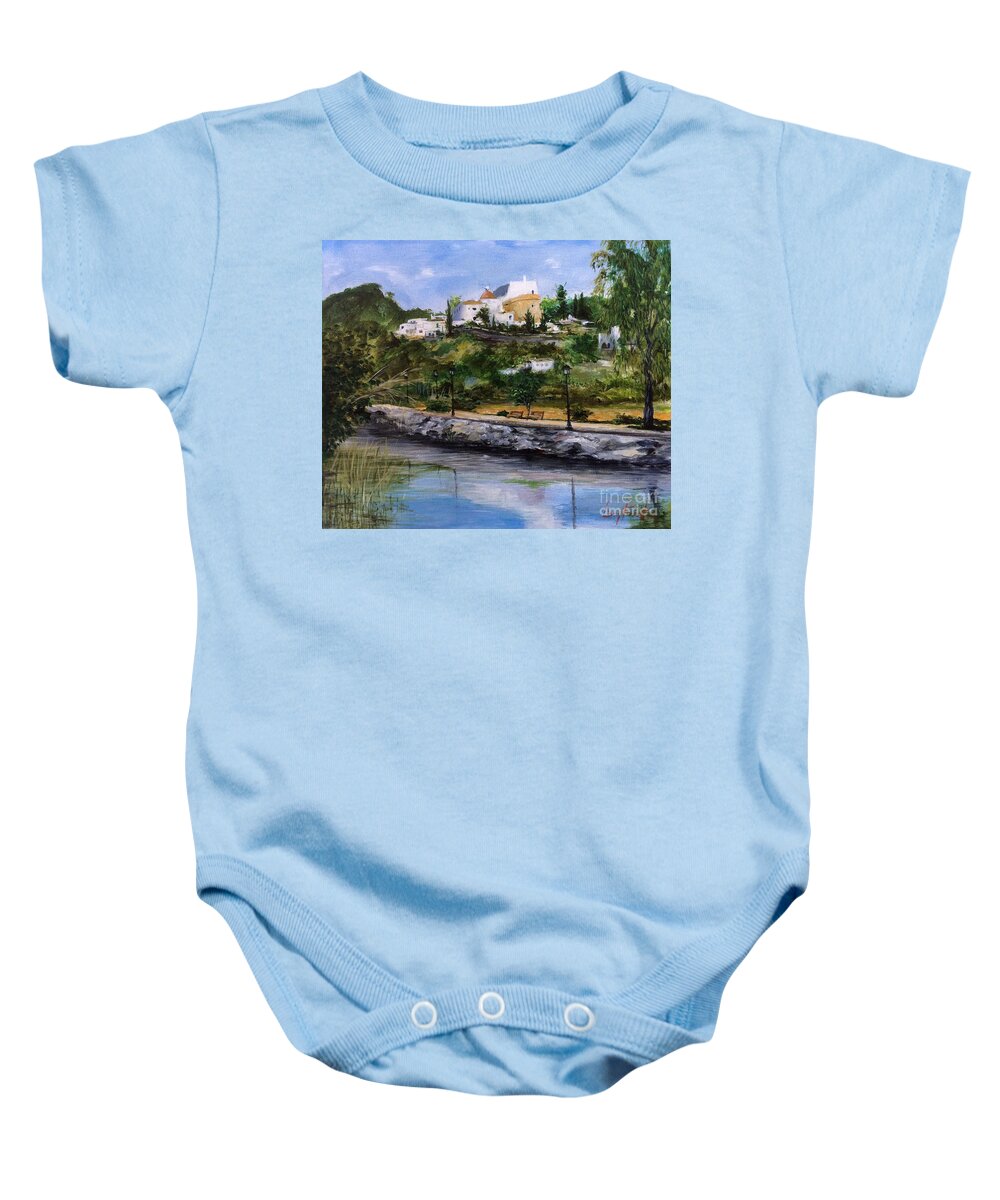 Church Baby Onesie featuring the painting Santa Eulalia Church, Puig De Misa, Ibiza by Lizzy Forrester