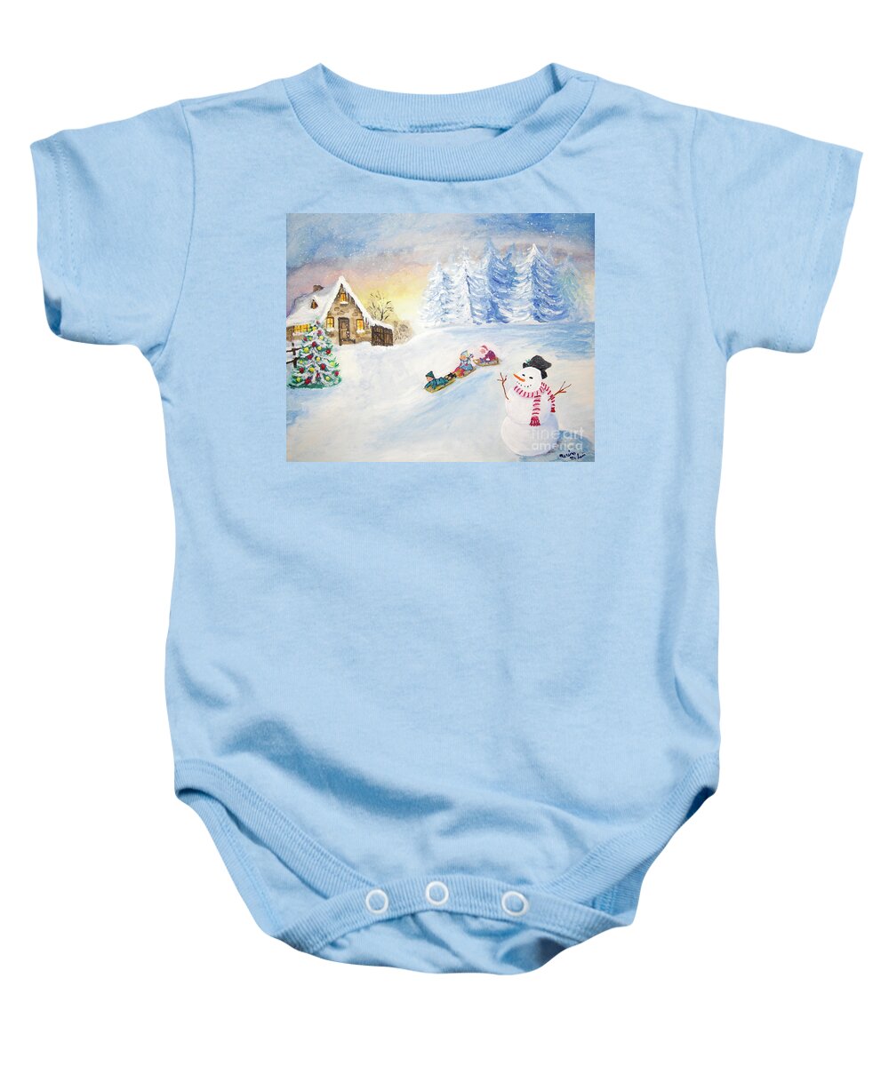 Christmas Baby Onesie featuring the painting Sledding on Christmas Eve by Marina McLain