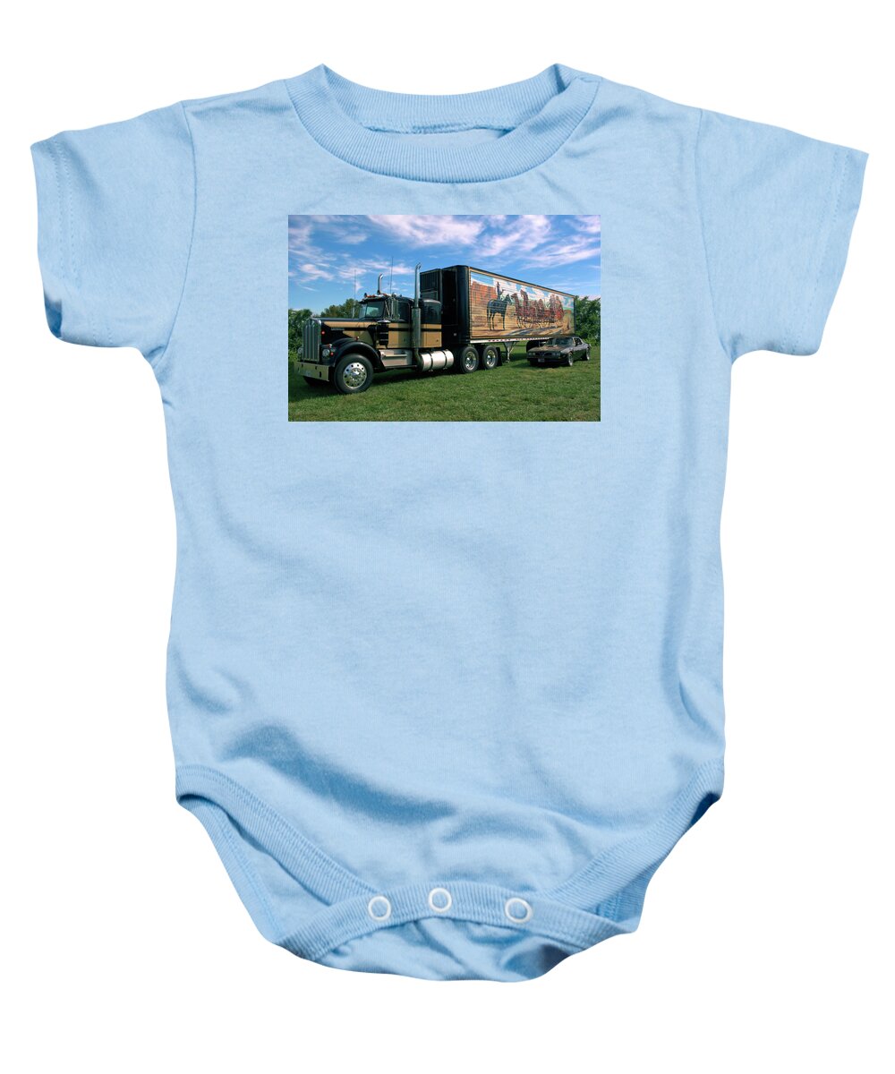  Kenworth Baby Onesie featuring the photograph Smokey and the Bandit Tribute Kenworth W900 Black and Gold Semi Truck by TeedMack