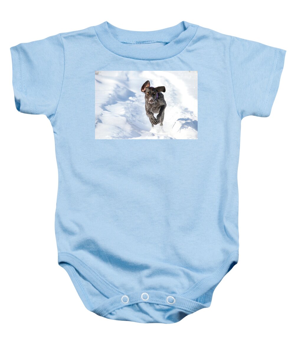 Snow Baby Onesie featuring the photograph Snow Bound Macie by Brook Burling
