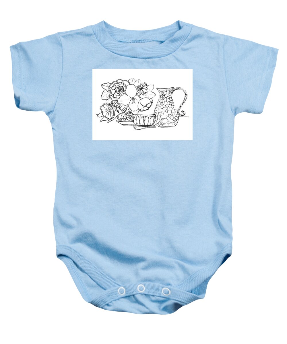 Flowers Baby Onesie featuring the drawing Tea Time Drawing - Paint My Sketch by Delynn Addams