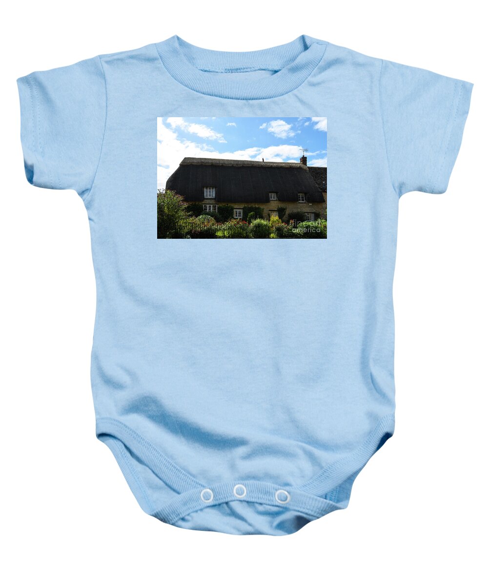 Cotswolds Baby Onesie featuring the photograph Thatched Roof Cottage by Abigail Diane Photography