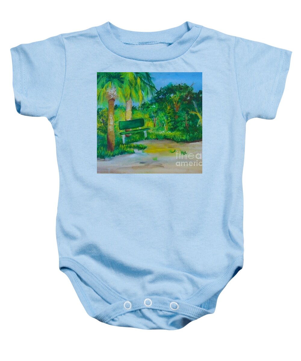 Green Baby Onesie featuring the painting The Green Bench by Saundra Johnson