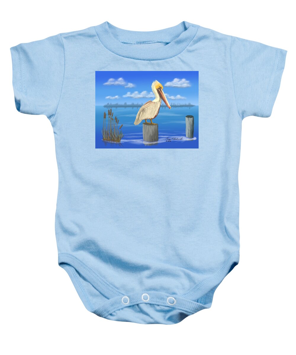 Gary Baby Onesie featuring the digital art The Posted Pelican by Gary F Richards