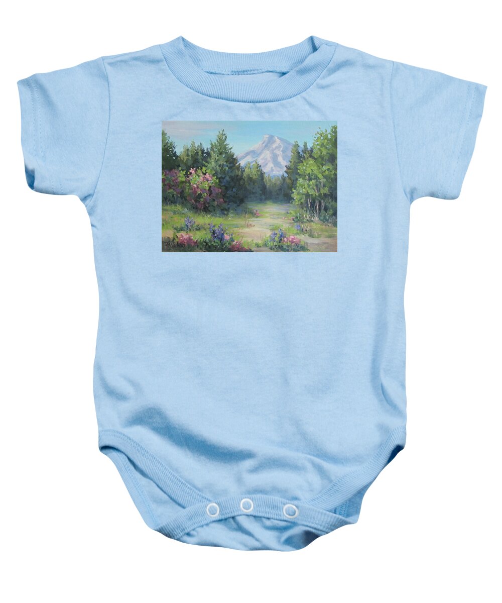 Mt Hood Baby Onesie featuring the painting The View by Karen Ilari