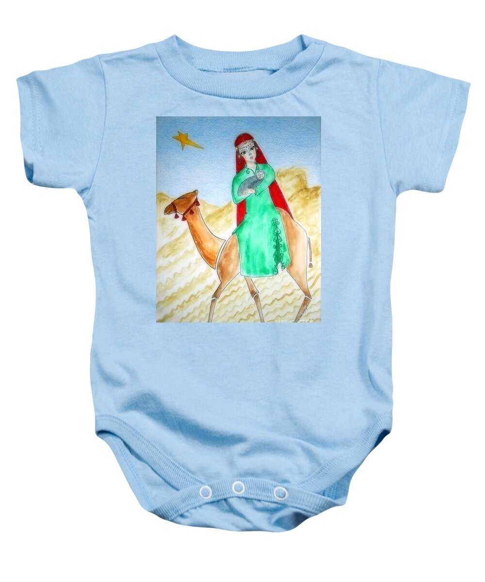 Camel Baby Onesie featuring the painting Through the Desert to Nazareth by Jayne Somogy