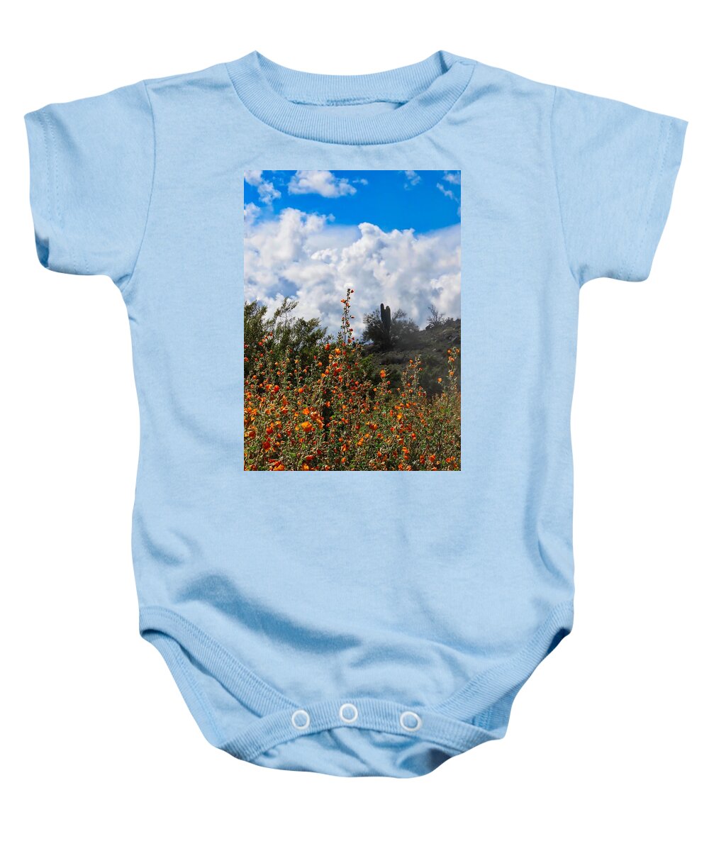 Arizona Baby Onesie featuring the photograph Under a White Fluffy Cloud by Judy Kennedy