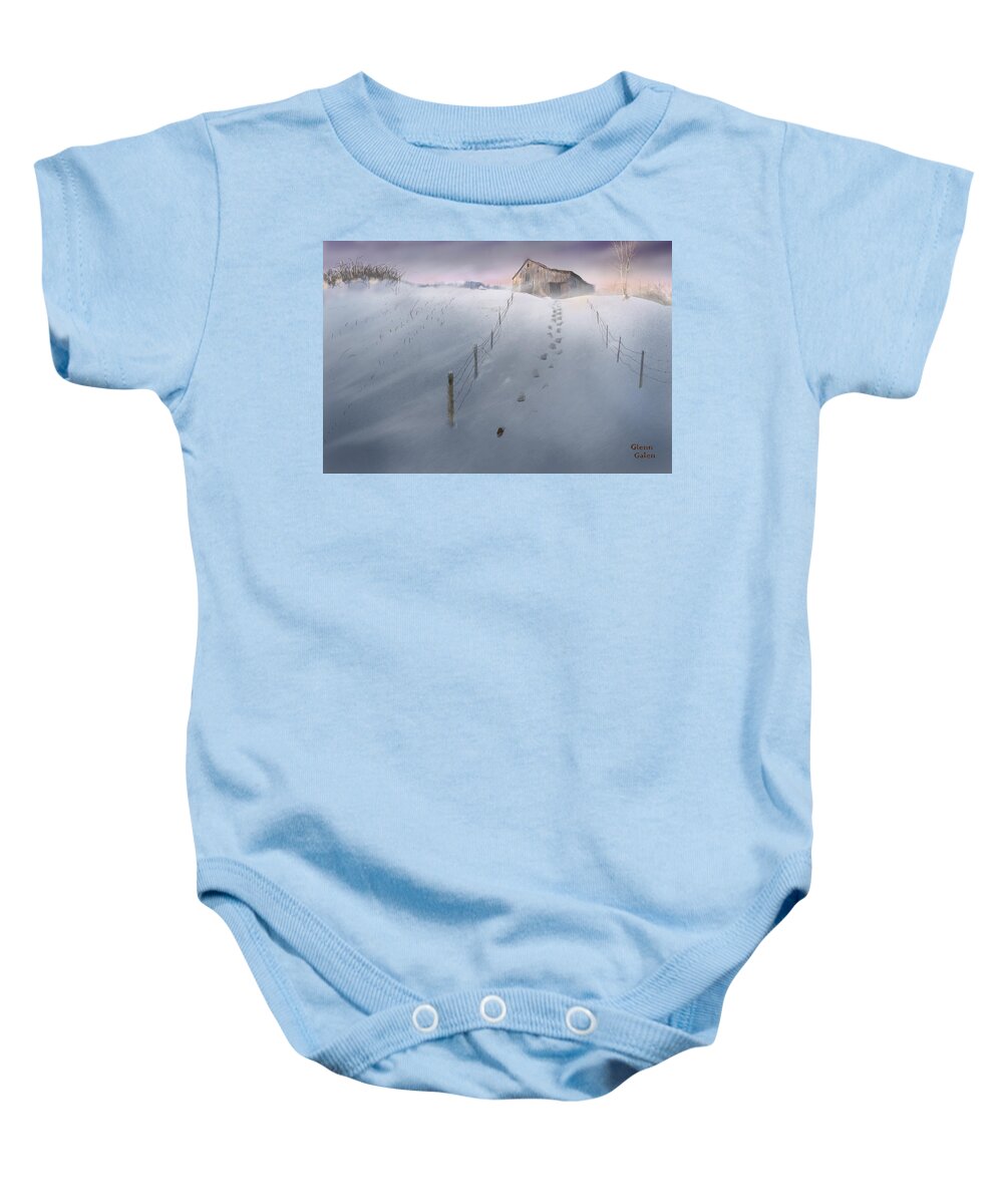 Wyeth Baby Onesie featuring the digital art Winds Picking Up After The Snowstorm, at Sunset by Glenn Galen