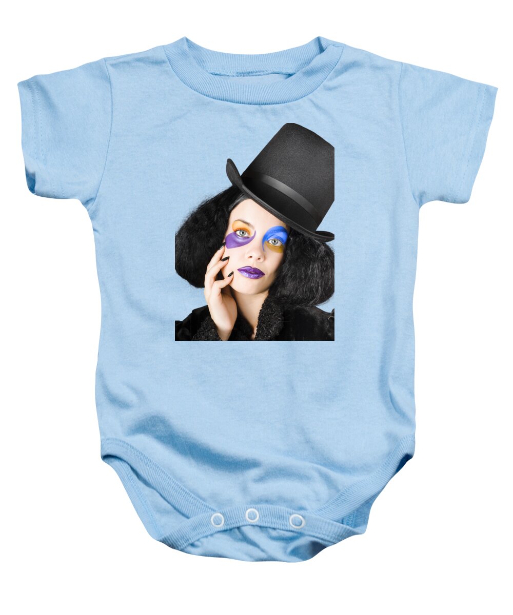 Carnival Baby Onesie featuring the photograph Woman dressed as jester by Jorgo Photography