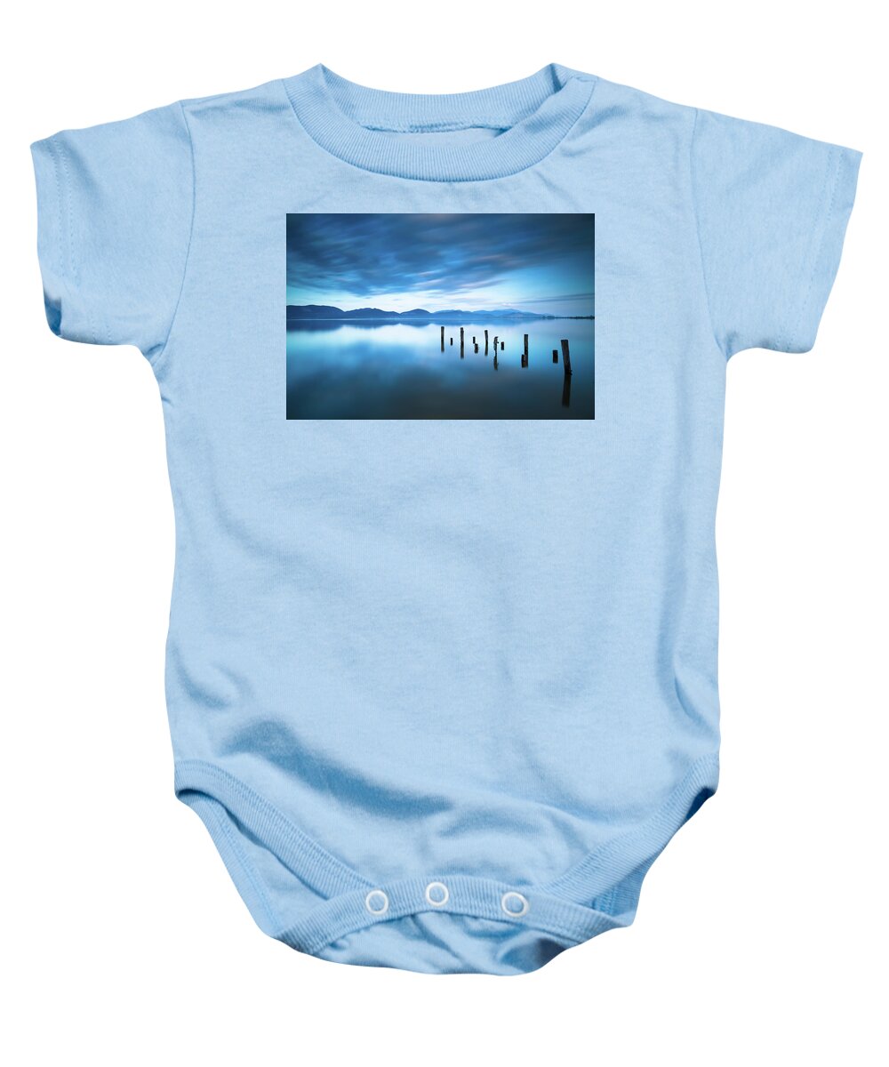 Lake Baby Onesie featuring the photograph Lake and Jetty Remains after Sunset by Stefano Orazzini