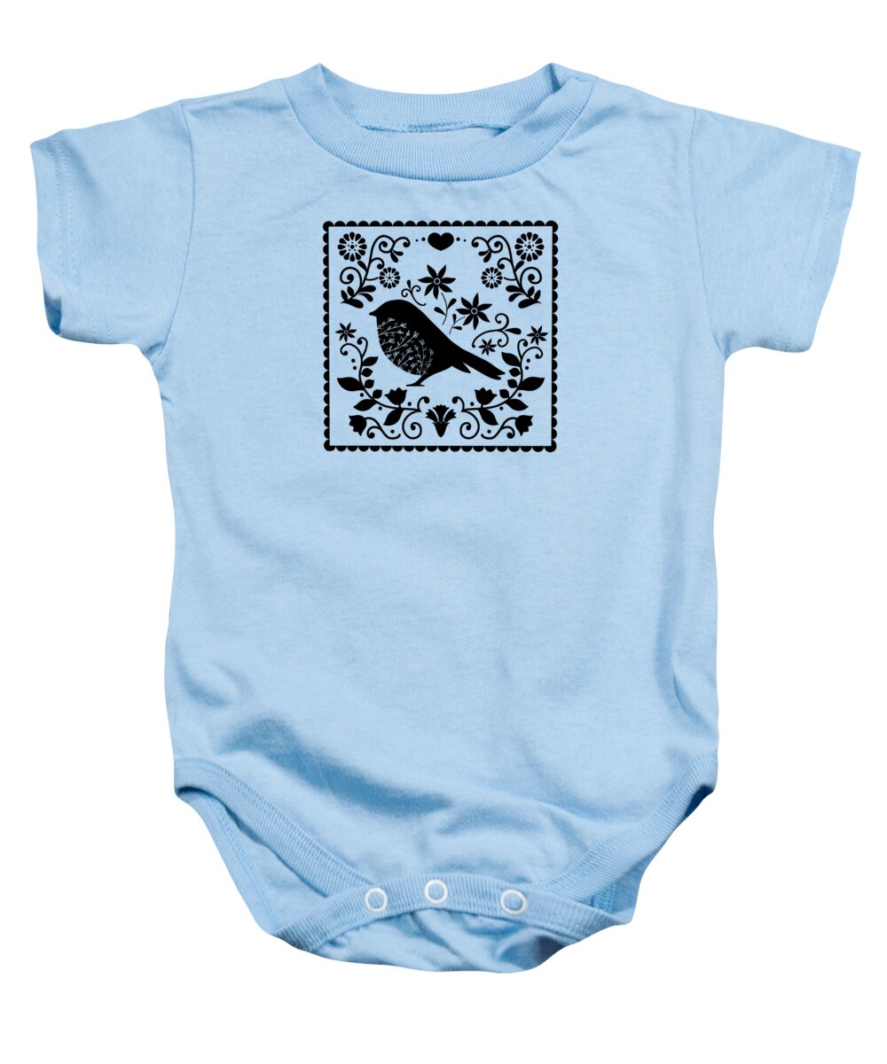 Painting Baby Onesie featuring the painting Woodland Folk Black And White Blue Bird Tile by Little Bunny Sunshine