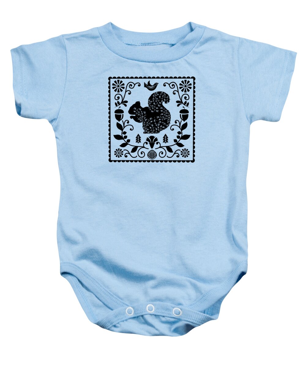 Painting Baby Onesie featuring the painting Woodland Folk Black And White Squirrel Tile by Little Bunny Sunshine