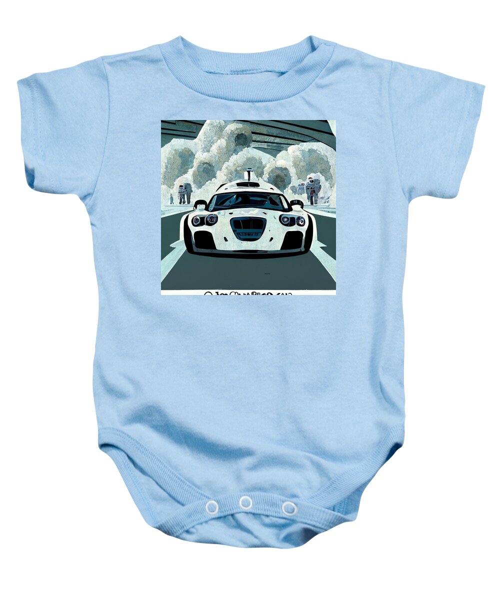 Cool Baby Onesie featuring the painting Cool Cartoon The Stig Top Gear Show Driving A Car D27276c2 1dc4 442d 4e78 Dd764d266a62 by MotionAge Designs