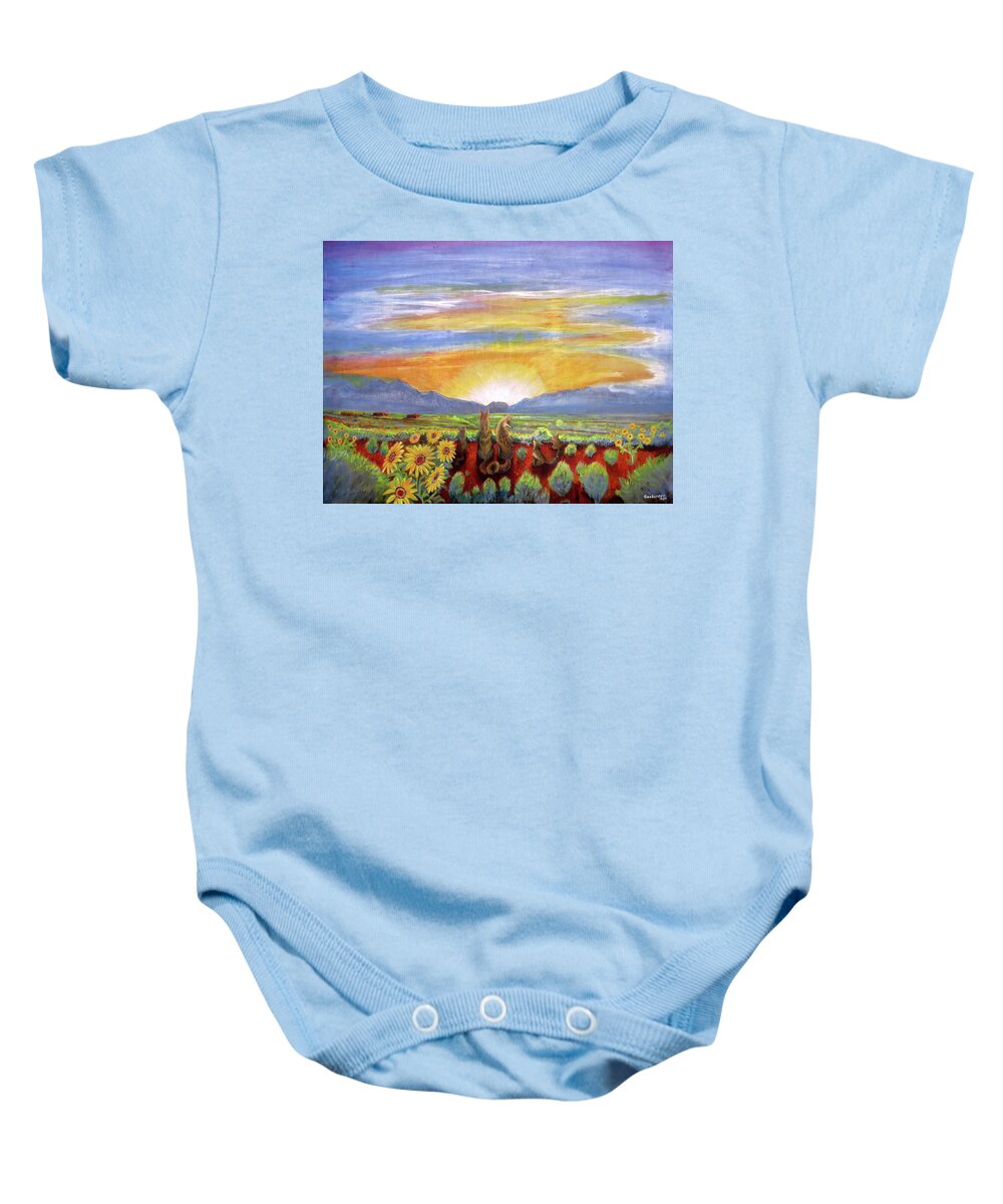 Coyote Baby Onesie featuring the painting Taos Coyote Sunrise #1 by David Sockrider
