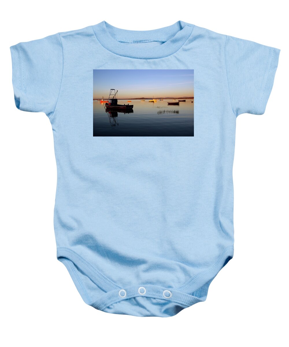 Lancashire Baby Onesie featuring the photograph MORECAMBE. Fishing Boats Moored On The Bay. by Lachlan Main