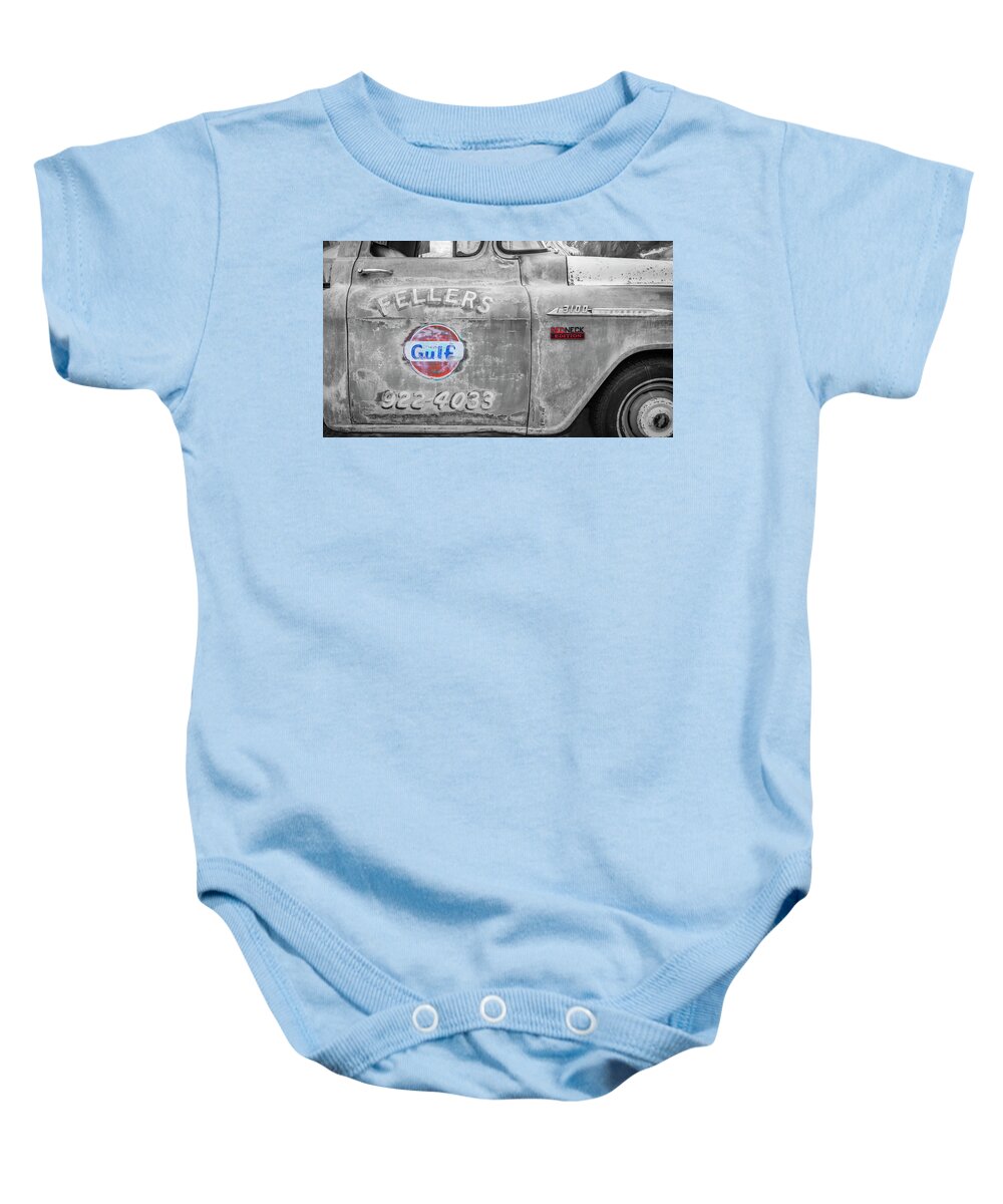 1956 Chevrolet 3100 Stepside Pickup Truck Baby Onesie featuring the photograph 1956 Blue Chevrolet 3100 Stepside Pickup Truck X102 by Rich Franco