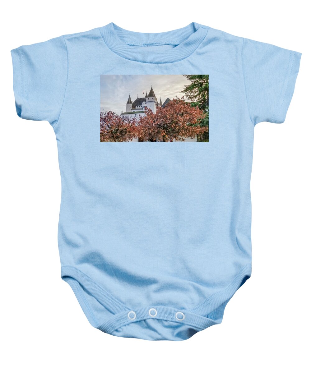 Nyon Baby Onesie featuring the photograph Famous medieval castle in Nyon, Switzerland #2 by Elenarts - Elena Duvernay photo
