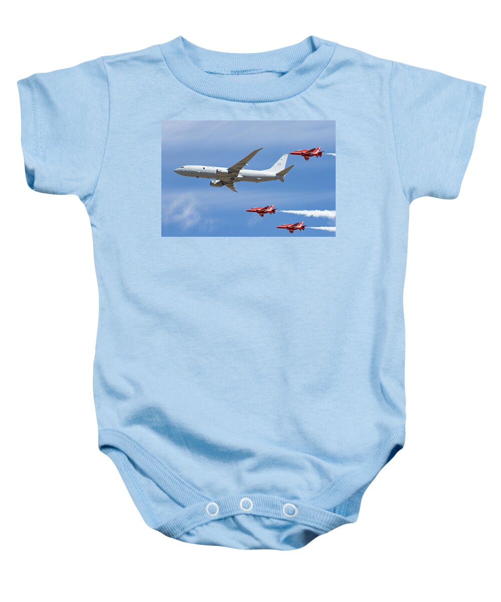 P 8 Poseidon Baby Onesie featuring the photograph Red Arrows and P8 Poseidon #3 by Airpower Art