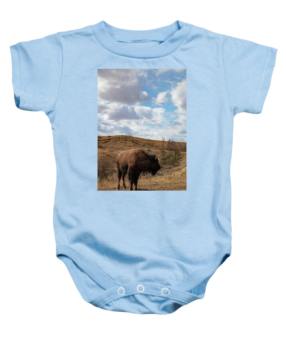 Buffalo Baby Onesie featuring the photograph Buffalo with clouds at Theodore Roosevelt National Park in North Dakota #4 by Eldon McGraw
