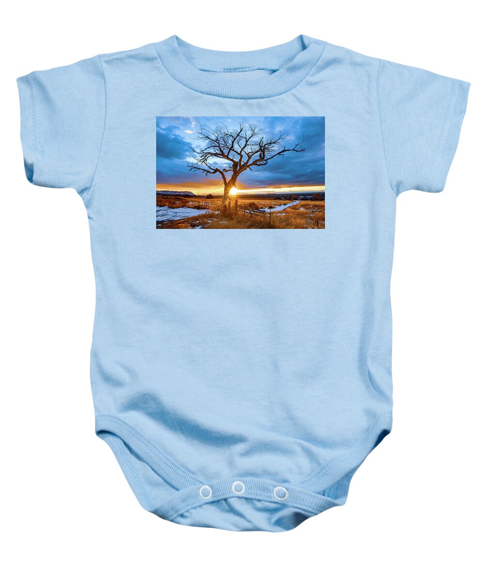 Taos Baby Onesie featuring the photograph Taos Welcome Tree #3 by Elijah Rael