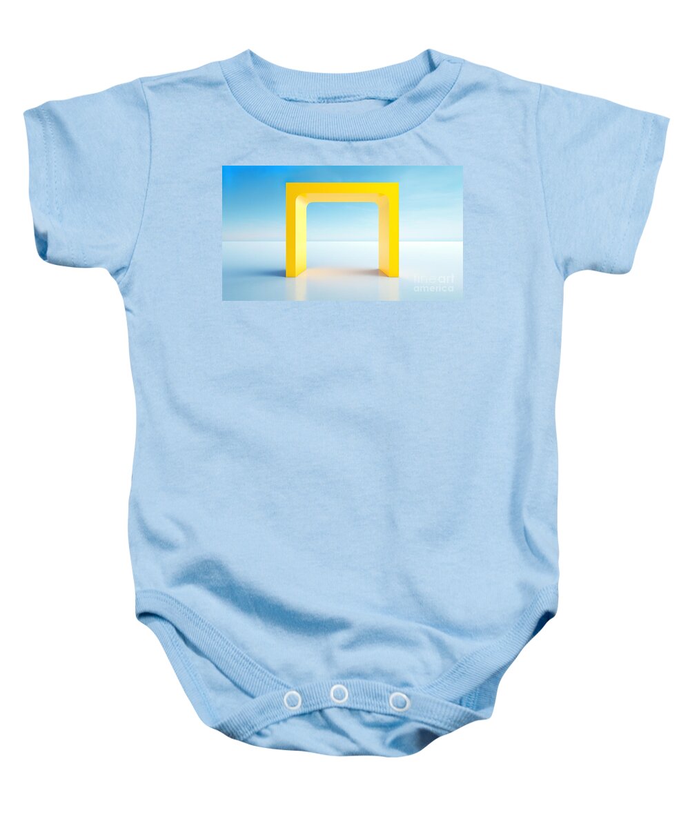 Minimalism Baby Onesie featuring the digital art A bold yellow arch stands isolated against a serene blue sky by Odon Czintos