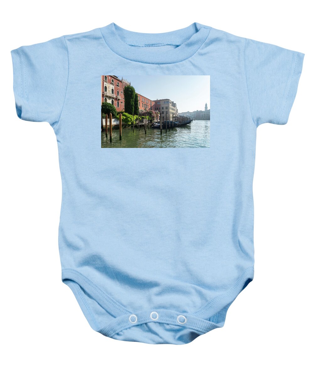 Venetian Gondola Baby Onesie featuring the photograph A Rare Garden on the Grand Canal - Venetian View with Gondolas Palaces and Cypress Trees by Georgia Mizuleva