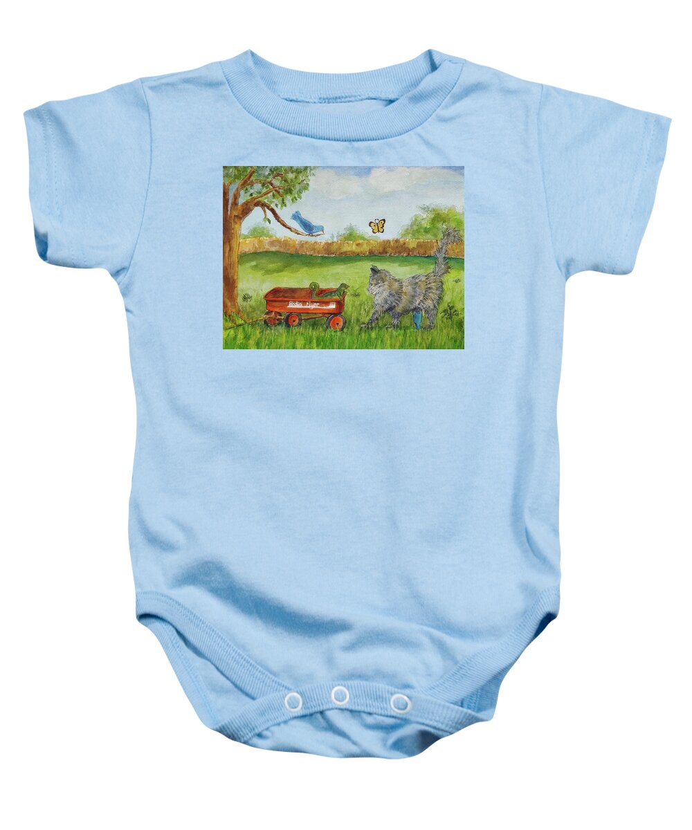 Wagon Baby Onesie featuring the painting Adventures of Stubby the Cat by Cheryl Wallace
