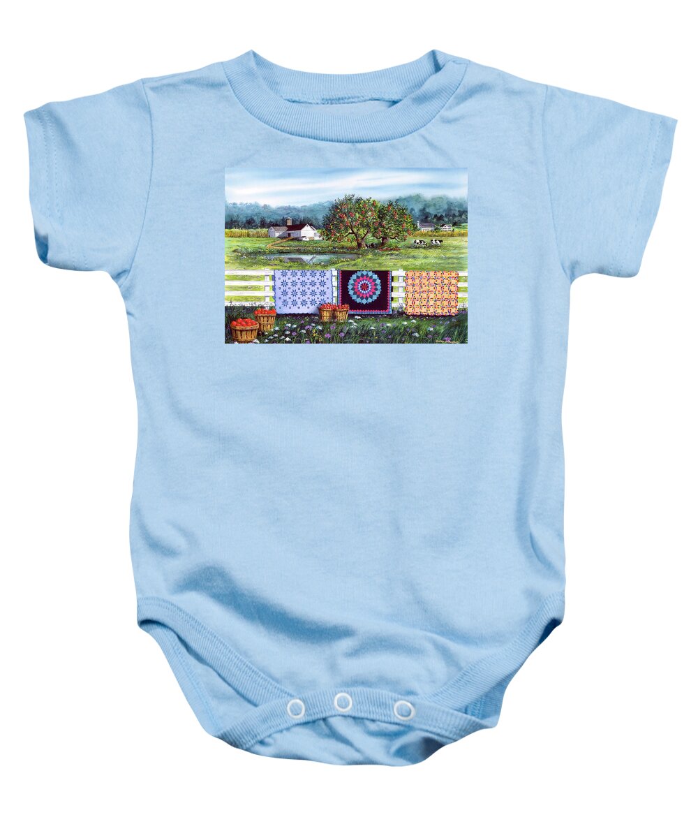 Barn Baby Onesie featuring the painting Amish Roadside Market by Diane Phalen