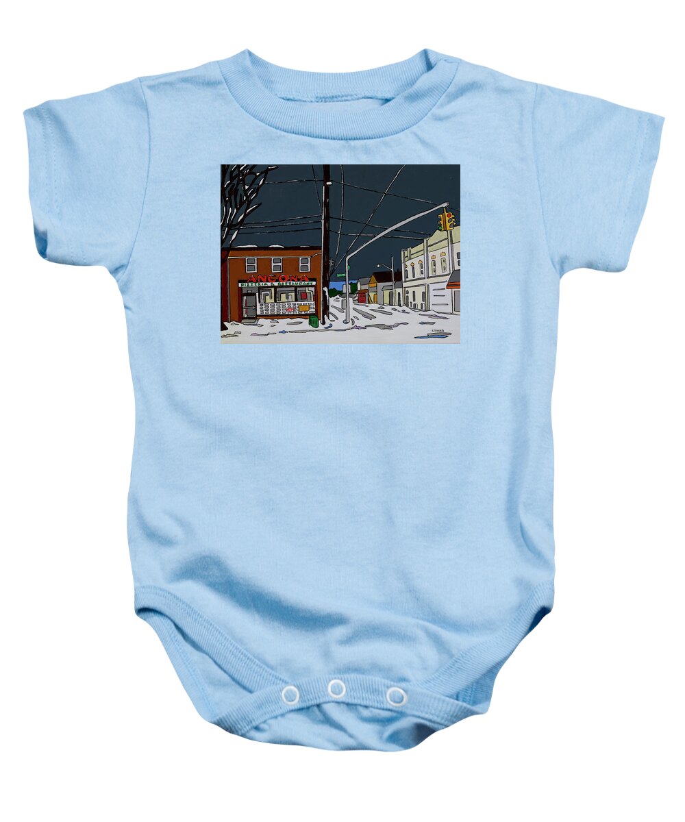 Ancona Pizza Valleystream Newyork Slice Baby Onesie featuring the painting Ancona Pizza by Mike Stanko