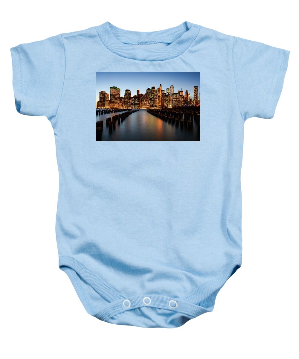 New York Baby Onesie featuring the photograph Apple Empire - Lower Manhattan Skyline. New York City by Earth And Spirit