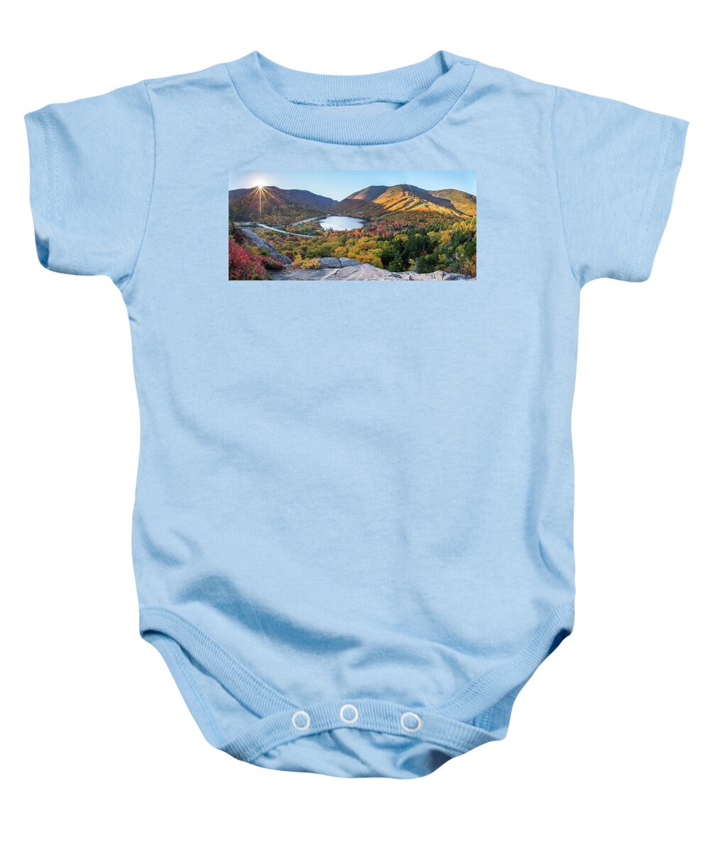 Artists Baby Onesie featuring the photograph Artists Bluff Autumn Sunburst Panorama by White Mountain Images