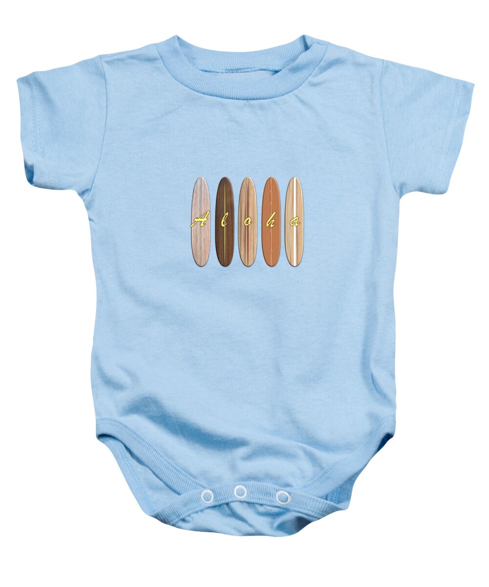 Aloha Baby Onesie featuring the digital art Retro Vintage Surfboards with Aloha Text Wave Beach by Barefoot Bodeez Art