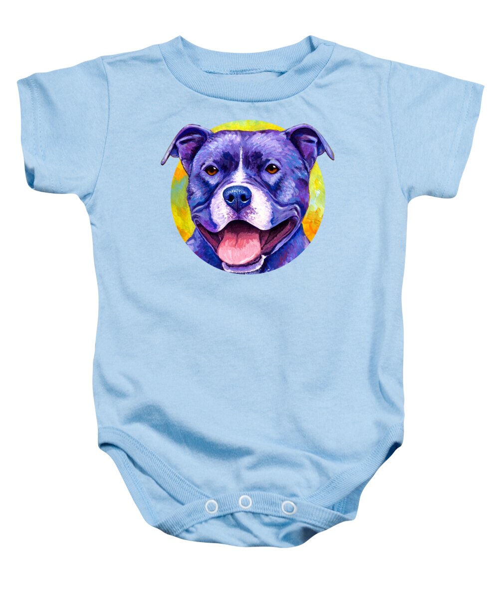 Pitbull Baby Onesie featuring the painting Peppy Purple Pitbull Terrier Dog by Rebecca Wang