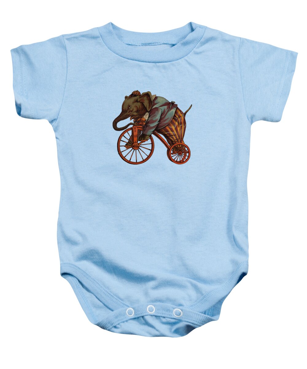 Elephant Baby Onesie featuring the digital art Bicycle Elephant by Madame Memento