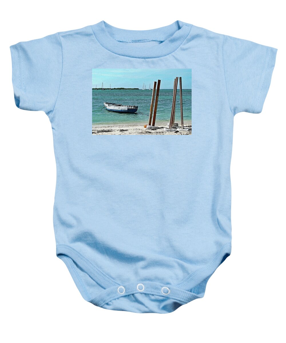 Aruba; Boat; Dinghy; Beach; Ocean; Blue; Green; Water; Wood; Watercolor; Photography; Sand; Tranquil; Peaceful; Solitude; Boats; Baby Onesie featuring the digital art Aruba View by Tina Uihlein