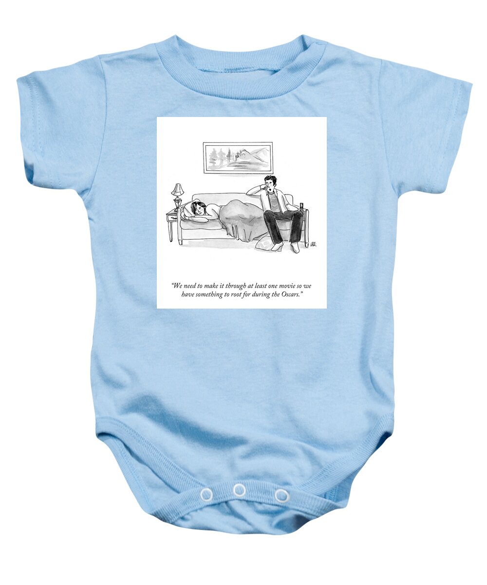 we Need To Make It Through At Least One Movie So We Baby Onesie featuring the drawing At Least One Movie by Ali Solomon