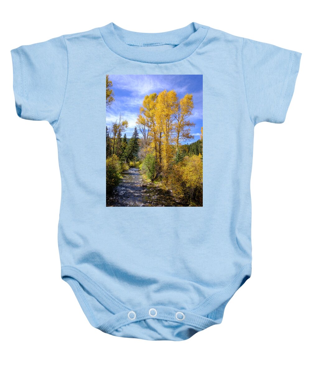 Scenic Baby Onesie featuring the photograph Autumn Day in New Mexico Blue Skies Golden Trees by Mary Lee Dereske