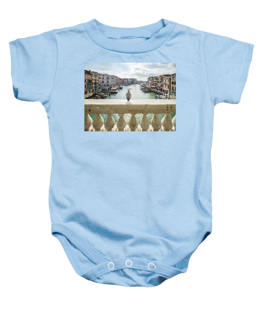 Rialto Baby Onesie featuring the photograph B0007779x - Gabbiano sul Ponte di Rialto by Marco Missiaja