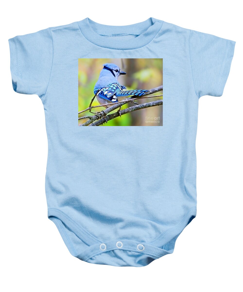 Blue Jay Baby Onesie featuring the photograph Back Atcha Babe by Lori Lafargue