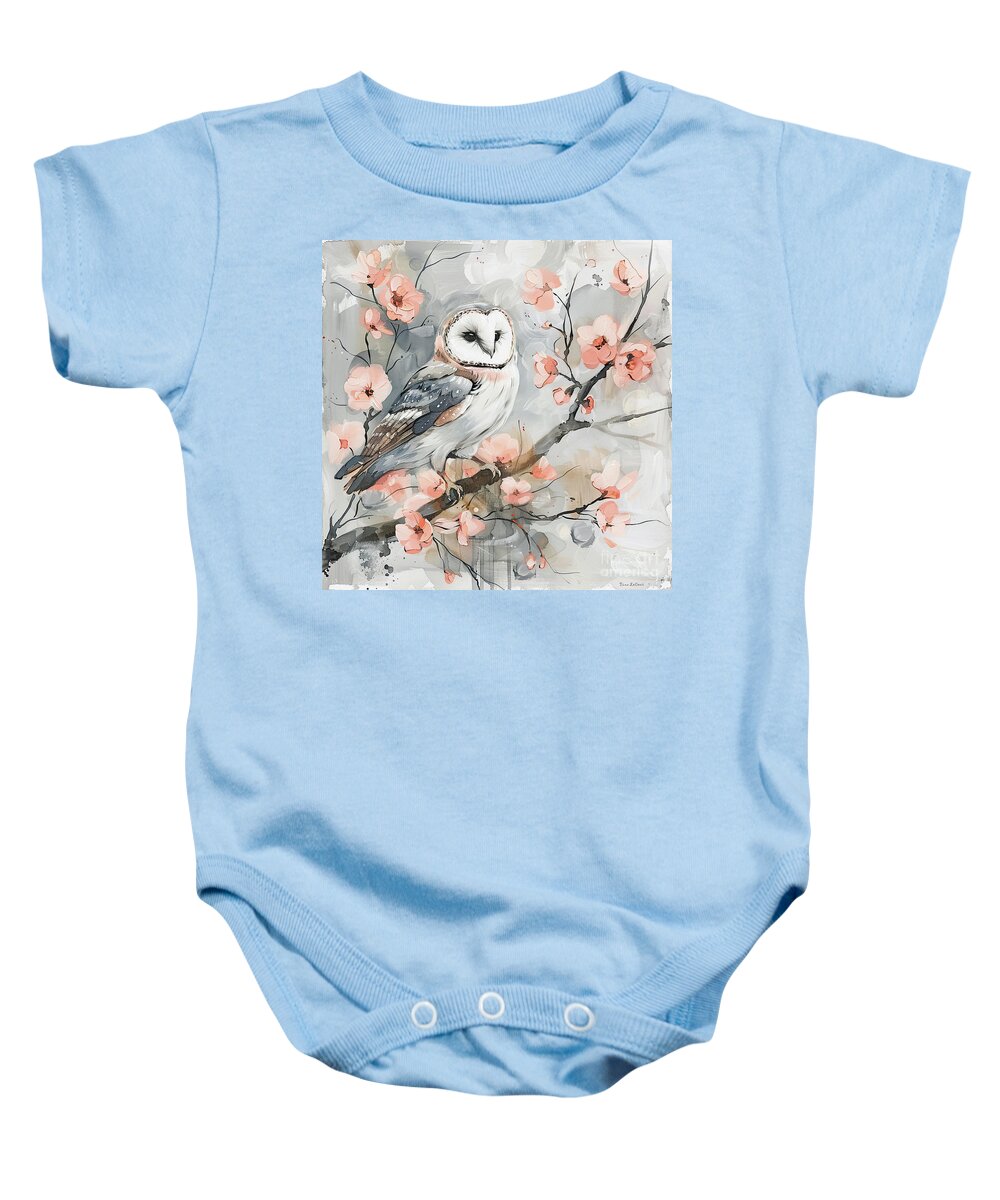 Barn Owl Baby Onesie featuring the painting Barn Owl In The Peach Blossoms by Tina LeCour