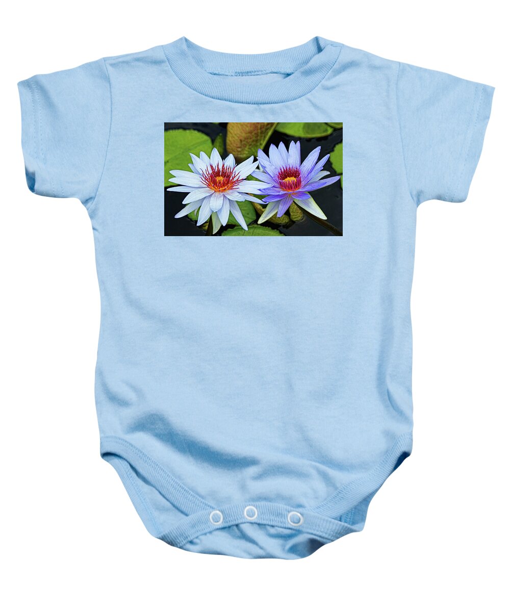 Water Lilies Baby Onesie featuring the photograph Blue Water Lilies by Judy Vincent