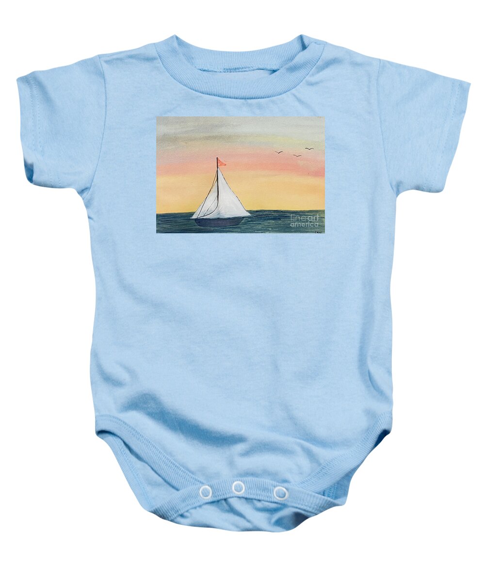 Sailboat Baby Onesie featuring the painting Boat at Sunset by Lisa Neuman