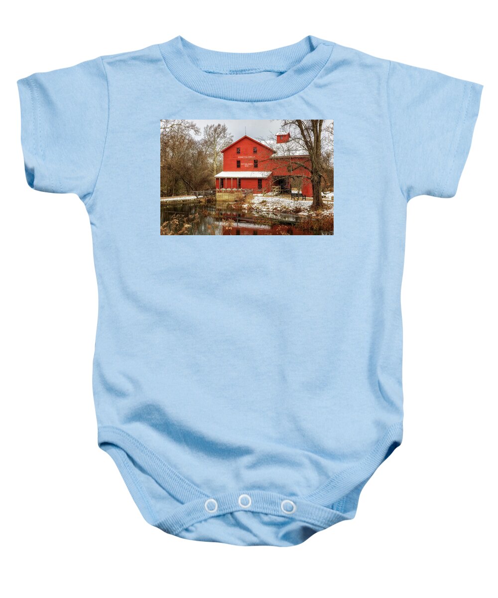 Grist Mill Baby Onesie featuring the photograph Bonneyville Mills First Snow by Susan Rissi Tregoning