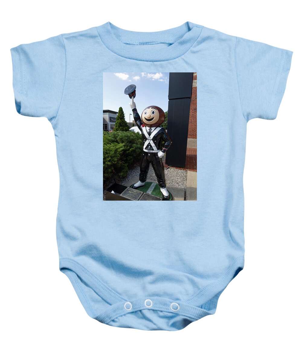 Scarlet And Gray Baby Onesie featuring the photograph Brutus Buckeye statue at Ohio State University by Eldon McGraw