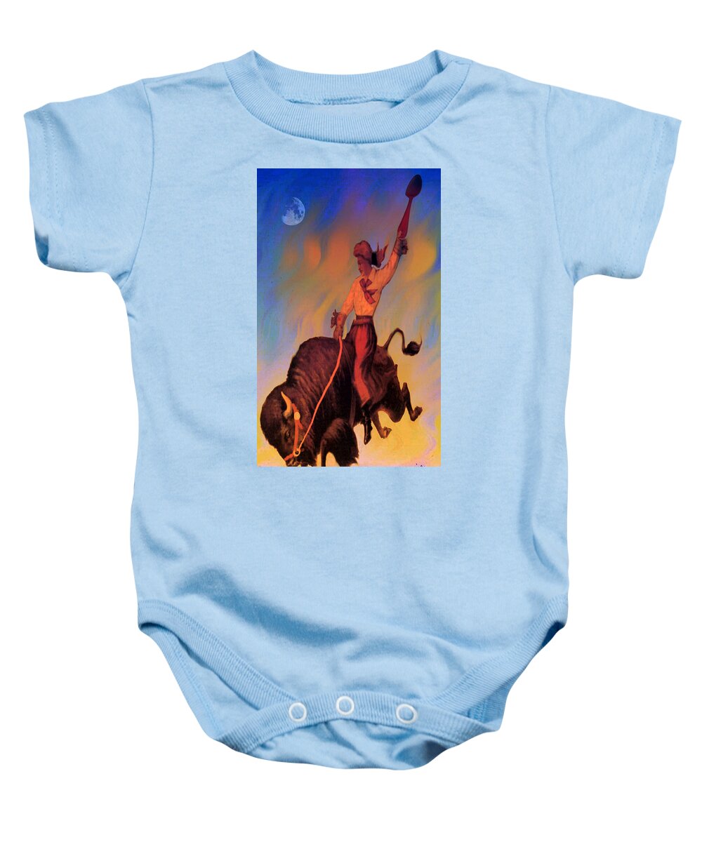 Cowgirl Baby Onesie featuring the mixed media Buffalo Girl's Wild West Cook Book At Home on the Range Series 1 by Anastasia Savage Ealy