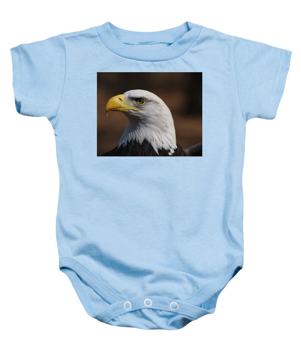 Bald Eagle Baby Onesie featuring the photograph bust image of a Bald Eagle by Flees Photos